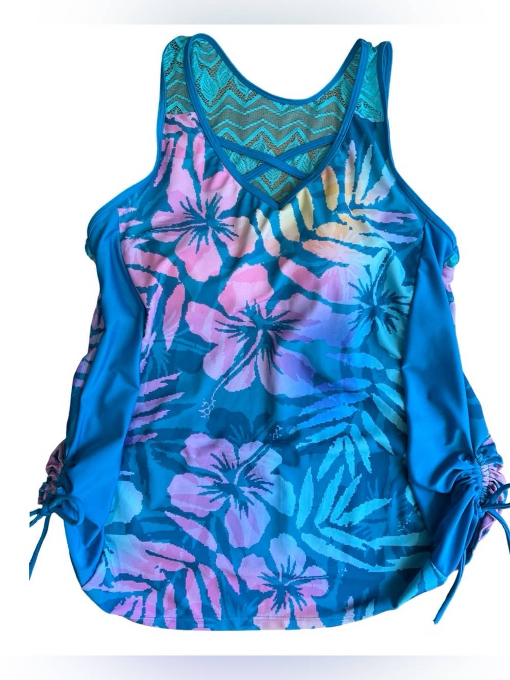 Aqua Turquoise Floral Tankini & 3” Shorts Set Womens SZ 1X